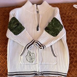 White Ribbed Zip-Up Sweater with Camouflage Patches